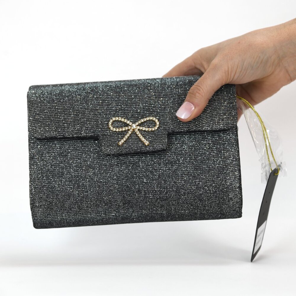 Like Dreams Frost Glitter Gem Bow Evening Crossbody Bag, Black